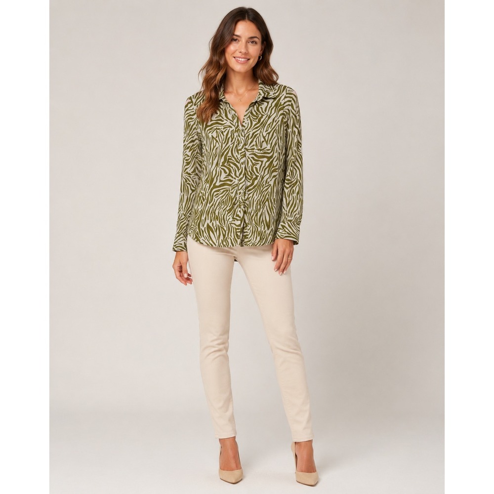 Joie Button Front Shirt Womens Medium Green‎ White Zebra Print Fairy Layered